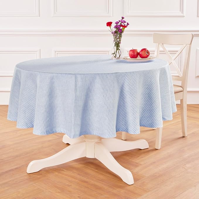 Solino Home Linen 60 Inch Round Tablecloth - Narrow Stripe, 100% Pure Linen Cornflower Blue and White Round Tablecloth - Machine Washable Table Cloth