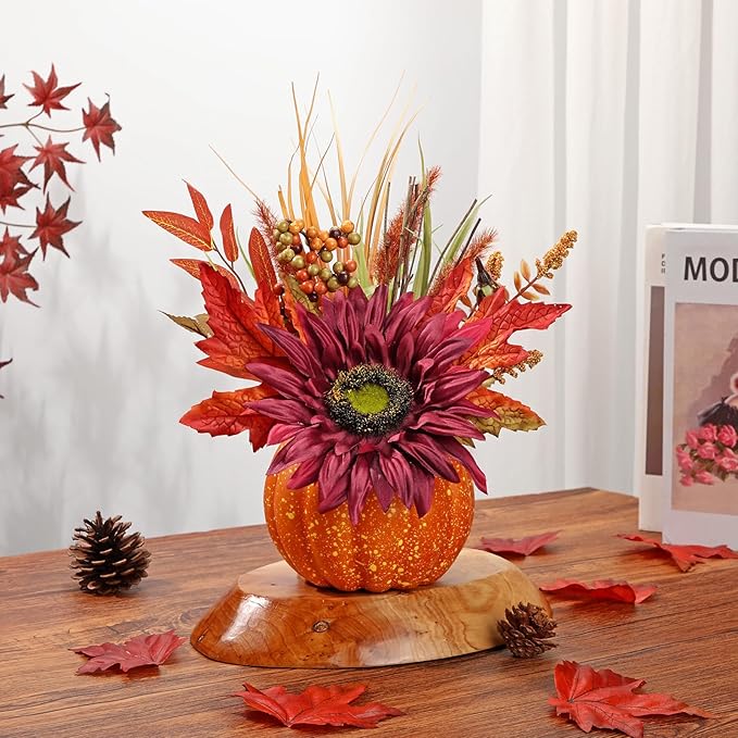Artificial Pumpkin Floral Arrangement with Burgundy Sunflowers & Autumn Leaves – Fall Table Centerpiece for Thanksgiving, Halloween & Harvest Décor – Rustic Farmhouse Pumpkin Autumn Décor