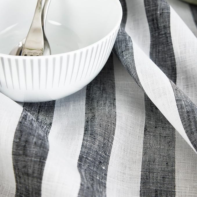 Solino Home Linen Square Tablecloth 52 x 52 Inch - Sorrento Stripe, 100% Pure Linen Black and White Table Throw - Machine Washable Tablecloth for Fall, Autumn