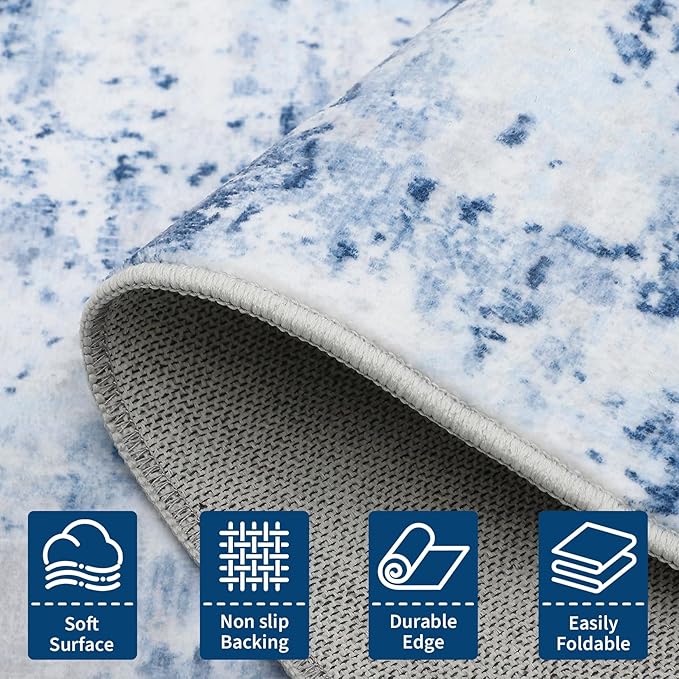 Modern Abstract 2x7 Runner Rug Washable Non Slip Stain Resistant Rug for Hallway Kitchen Bedroom Non Shedding Low Pile Indoor Floor Cover,Light Blue