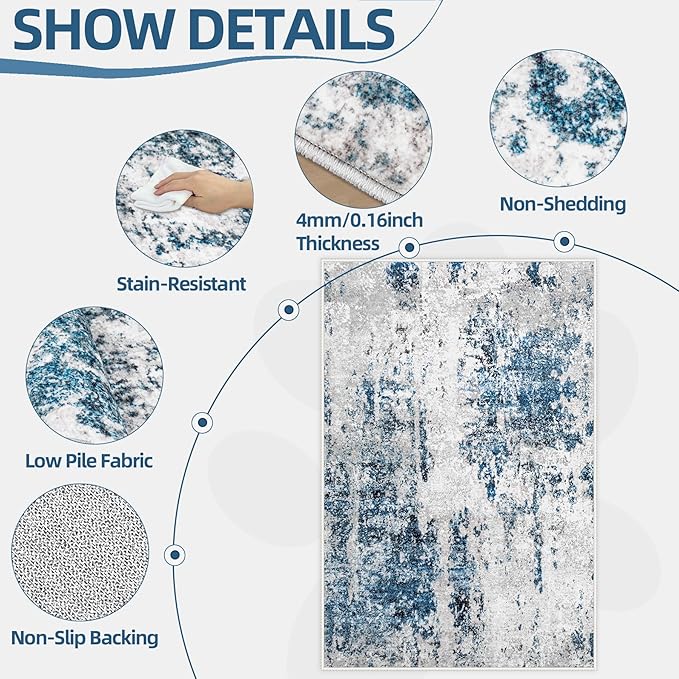 Living Room Rug 10x14 Rug, Machine Washable Modern Abstract Rug Soft Neutral Area Rug Non-Slip Stain Resistant Large Rugs for Living Room Dining Room Bedroom Dorm Office(Grey Blue,10'x14')
