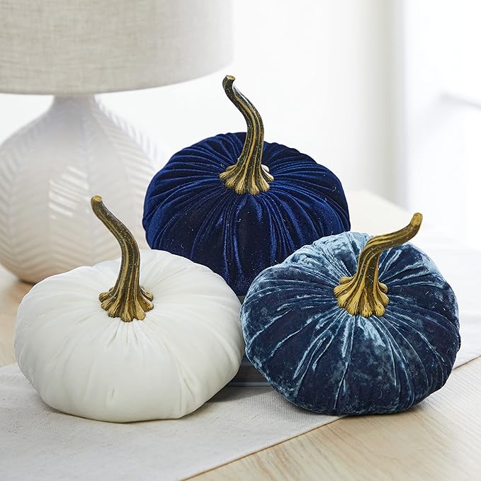 Set of 3 Velvet 6.25 Inch Pumpkins, blue pumpkins, gift set, hygge home, autumn tablescape, bowl filler for kitchen decor, bedroom decor, fall indoor decor (Luxe Indigo, Navy, Ivory)
