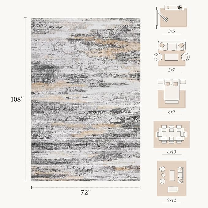 Rugflix 6x9 Area Rugs for Living Room, Washable Rug, Non-Slip, Soft Low Pile Carpet, Stain Resistant, Abstract Rug, Neutral Beige Grey Rug for Bedroom, Dining Room, Home Office