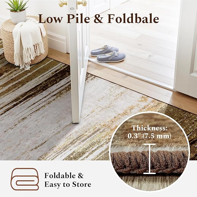 Rugflix 6x9 Area Rug, Washable Rug for Living Room, Non Slip, Soft Low Pile, Modern Abstract Gold Brown Rug for Bedroom, Dining Room, Home Office, Indoor Floor Carpet