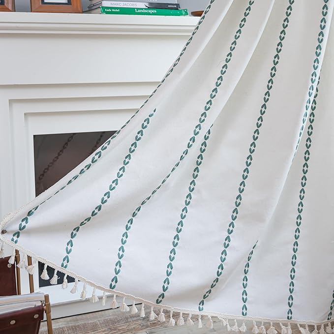 Sutuo Home Boho Curtains for Bedroom Living Room 72 inches Long, Semi Blackout Farmhouse Tassels Window Treatment Bohemian Embroidery Drape, Rod Pocket 1 Panel 52" W x 72" L, White and Emerald Green