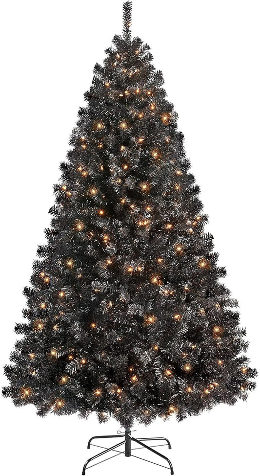 Yaheetech 6ft Pre-lit Halloween Black Spruce Artificial Hinged Christmas Pine Tree Prelighted Xmas Tree for Home Party Holiday Decoration with 300 Clear Warm White Lights and 818 Branch Tips, Black