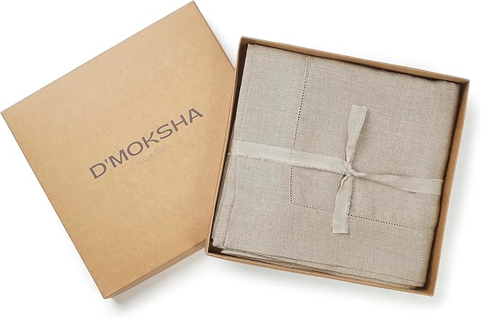 D'Moksha Homes Natural Linen Tablecloth for Rectangle Tables 60 x 144 Inch - 100% Pure Linen Natural Table Cloth - Classic Hemstitch, Machine Washable Dining Tablecloth for Thanksgiving, Christmas