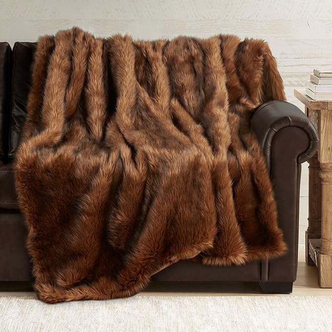 Hyde Lane Faux Fur Throw Blanket As a Gift, Luxury Fluffy Bear Brown Blankets for Home Couch Sofa Bed, Oversize Fuzzy Plush Animal Coat Color Throws for Decoration, 60x80