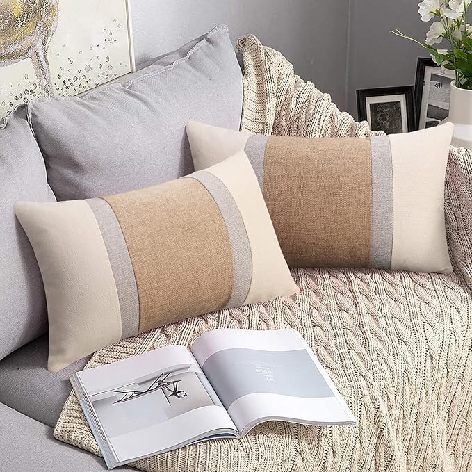 Pyonic Pillow Covers 12x20 Farmhouse Decor Patchwork Linen Throw Lumbar Pillow Covers White and Grey Boho Accent Cushion Covers for Couch Sofa,Set of 2