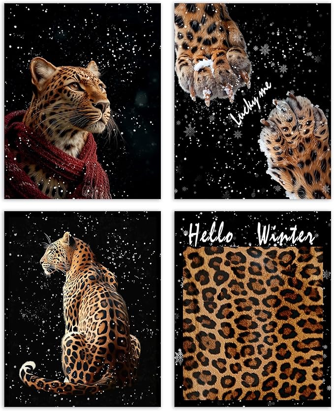 AEHIE Hello Winter blcak Leopard Wall Art Poster Prints for Home Bedroom Living Room Office, Trendy Leopard Poster Print,Winter Funky Lucky Artwork Cheetah Wall Art Unframed 4pcs 8x10inch
