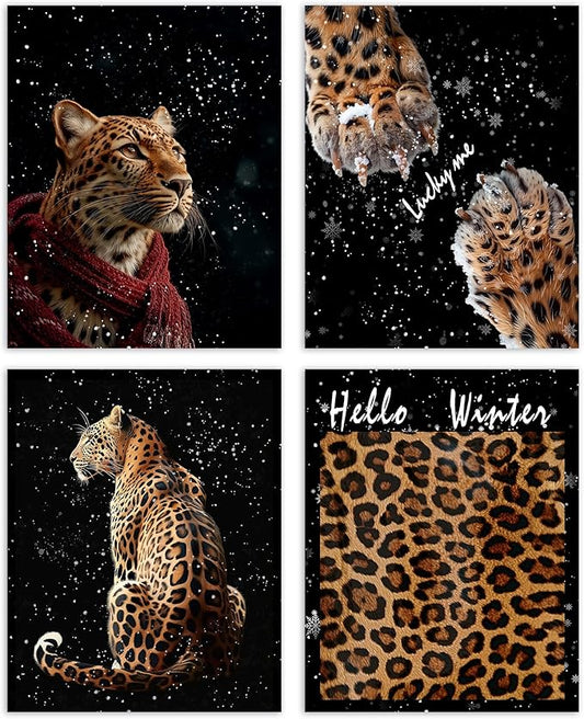 AEHIE Hello Winter blcak Leopard Wall Art Poster Prints for Home Bedroom Living Room Office, Trendy Leopard Poster Print,Winter Funky Lucky Artwork Cheetah Wall Art Unframed 4pcs 8x10inch
