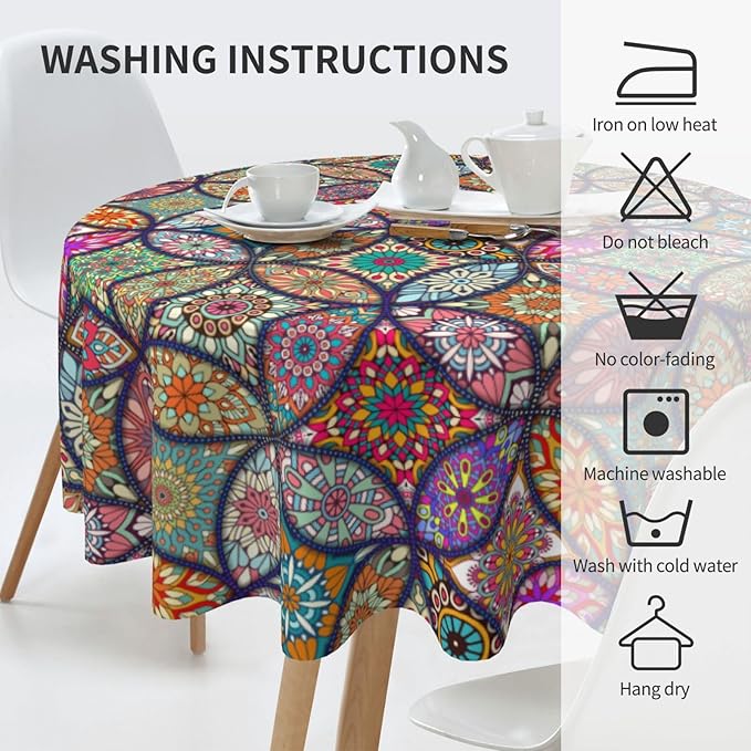 Mexican Ceramic Round Tablecloth, Colorful Talavera Tile Mandala Traditianal Boho Water Resisitant Wipeable Table Cover for Dining Kitchen Living Room Home Party Holiday Decor 60 inch Round