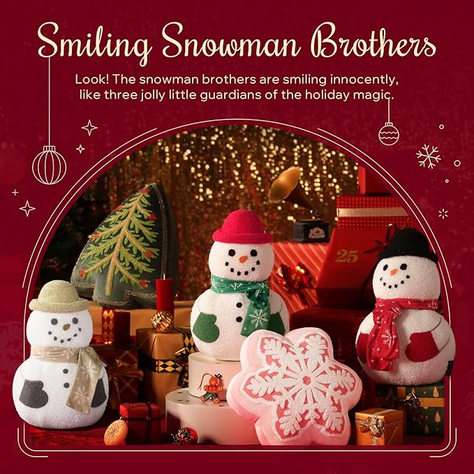Phantoscope Merry Christmas Shaped Throw Pillow, Plush Teddy Sherpa Snowman Pillow with Scarf & Hat, Xmas Snowman Decorative Pillow for Couch Living Room Bed, Green, 16.5 x 10.5 inches