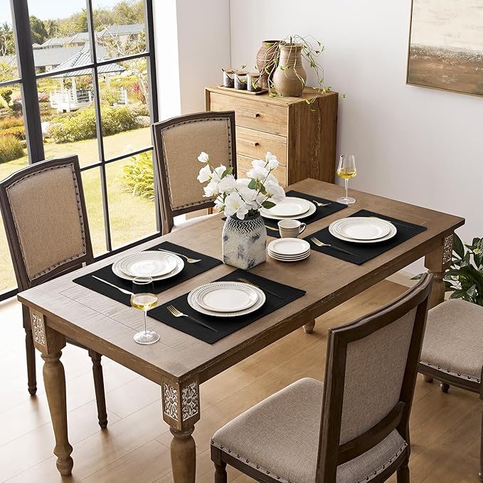 Romanstile Cloth Placemats Set of 4-12 x 18 Inch, Heat Resistant Double Layered Thickened Burlap Place Mats, Washable Faux Linen Farmhouse Table Mats for Kitchen/Dining/Party/Outdoor, Black