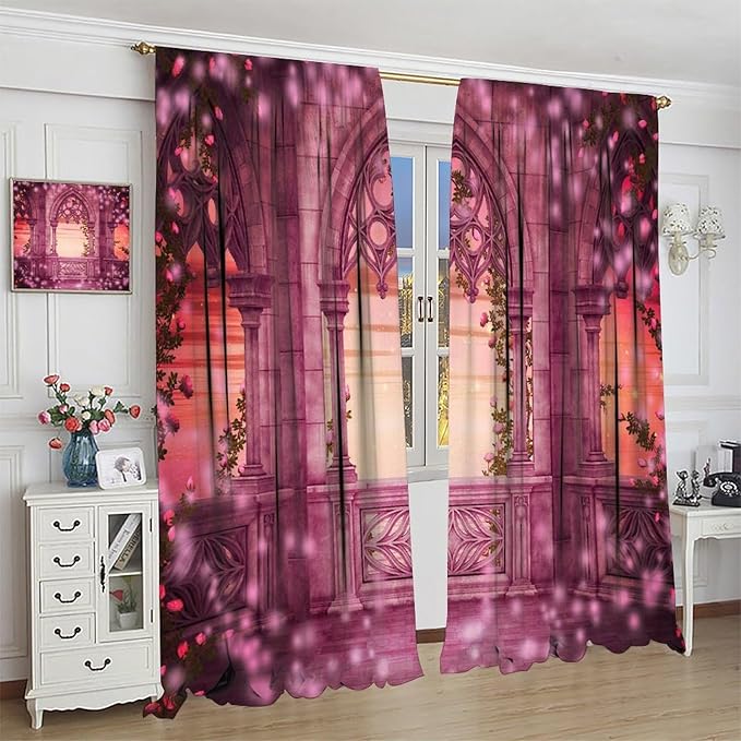 Gothic Mid Century Blackout Curtains, Medieval Balcony Mysterious Red Rose Print Pattern Window Drapes, for Living Room Bedroom 21(W)*63(L) 2 Panels
