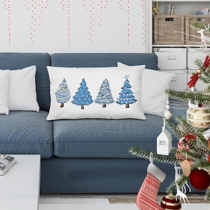 KEUSPI Blue Christmas Decorations,Coastal Christmas Decor Blue Christmas Tree Pillow Covers 12x20,Christmas Decor,Christmas Trees Xmas Pillow Cases Cushion Covers,Blue Christmas Tree Pillow Covers