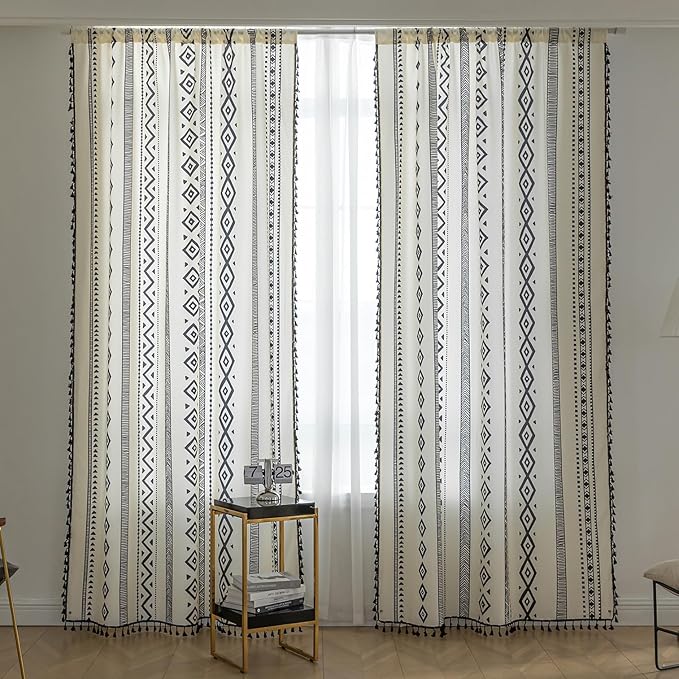 Boho Curtains Geometric Light Filtering Semi-Blackout Window Curtains 54 Inches Long Rod Pocket Drapes for Living Room 2 Panels-Black Totem