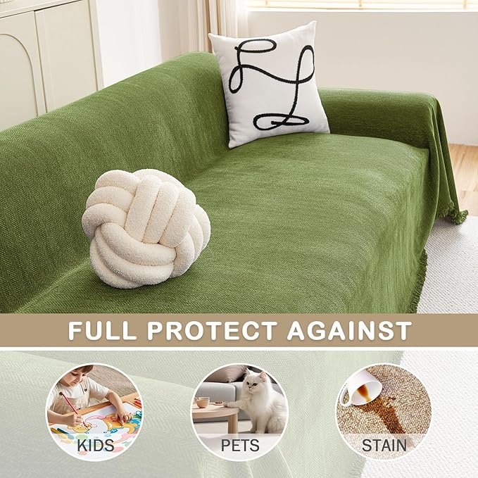 hyha Couch Cover for Dogs, Boho Sofa Covers for 3 Cushion Couch Washable, Chenille Sofa Slipcover for Pets, Soft Loveseat Sectional Couch Throw Blankets with Tassels (Green, 71x134 Inch)