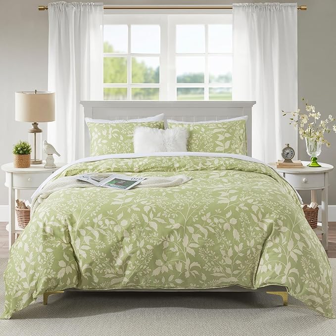 HoneiLife Wildflower Duvet Cover Queen - 100% Cotton Comforter Cover Sets, 3-PC Comfortable Floral Duvet Cover Sets, Soft & Breathable Duvet Cover with Zipper Closure & Corner Ties, Vibrant Green