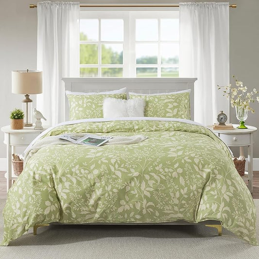 HoneiLife Wildflower Duvet Cover Queen - 100% Cotton Comforter Cover Sets, 3-PC Comfortable Floral Duvet Cover Sets, Soft & Breathable Duvet Cover with Zipper Closure & Corner Ties, Vibrant Green