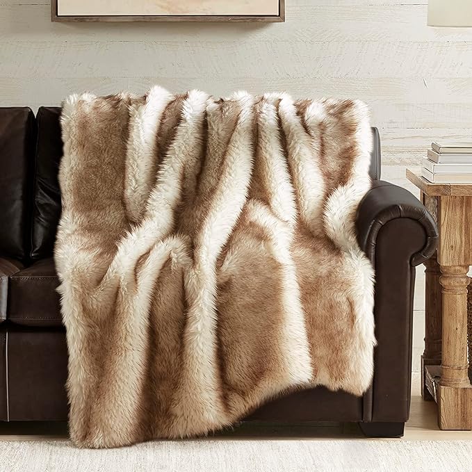 Hyde Lane Faux Fur Throw Blanket - Ultra Long Pile, Luxury Fluffy Fox Golden with Brown Tipped Blankets for Home Decor, Fuzzy Plush Animal Color Throws As a for Women, 60x80