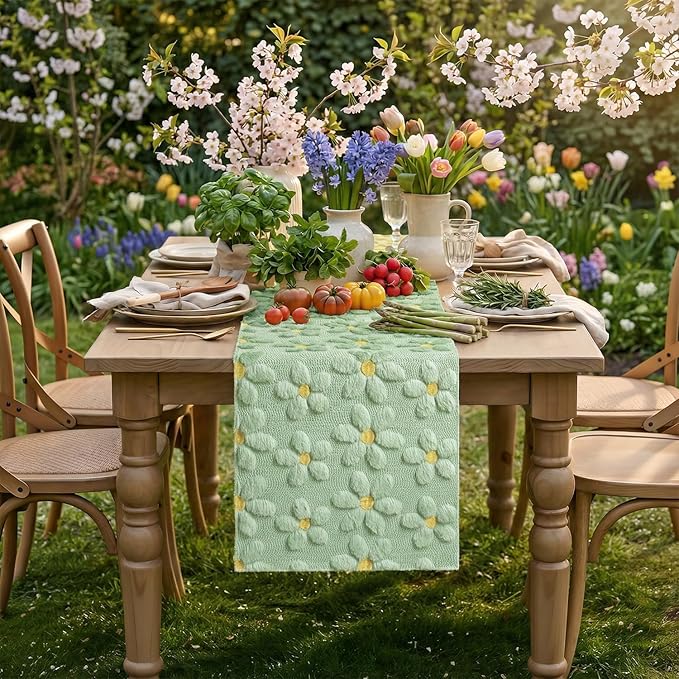 Artoid Mode Green Soft Plush Faux Fur Jacquard Embroidery Daisy Spring Table Runner, Kitchen Dining Table Decoration for Home Party Decor 13x120 Inch