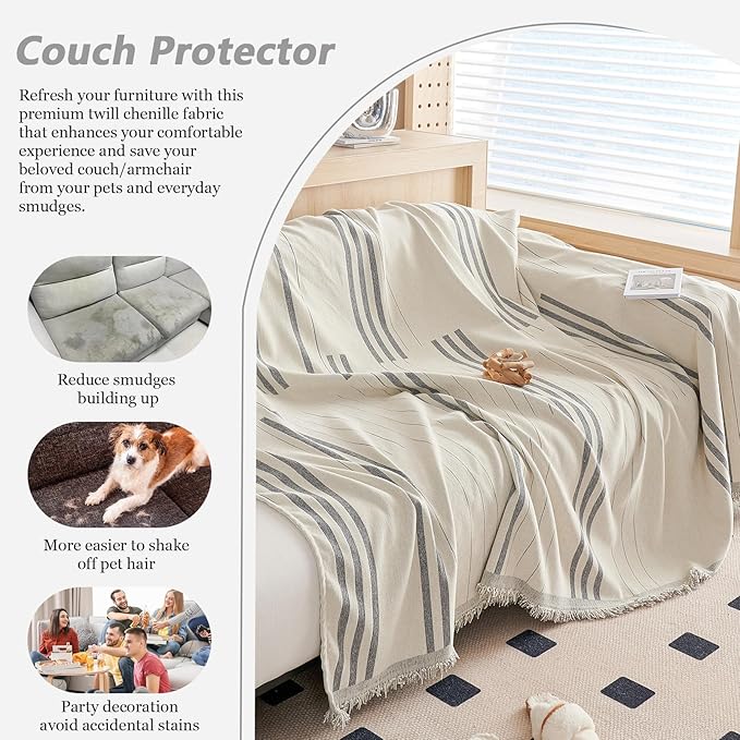 DREAMINGO Armchair Cover Washable Chenille Sofa Protector for Pet Kids Beige Grey Chair Couch Covers for 1 Cushion Couch Stripe Jacquard Versatile Sofa Throw Slipcover for Futon Couch, 71"x91"