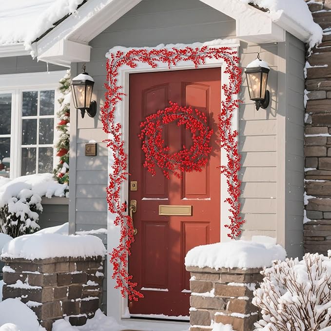 Lulu Home 2 Packs Red Berry Garland, 8.9FT Flexible Artificial Christmas Holly Berry Vine, Winter Berry Garland for Mantle Xmas Tree Window Door Hanging Indoor Outdoor Holiday Decoration