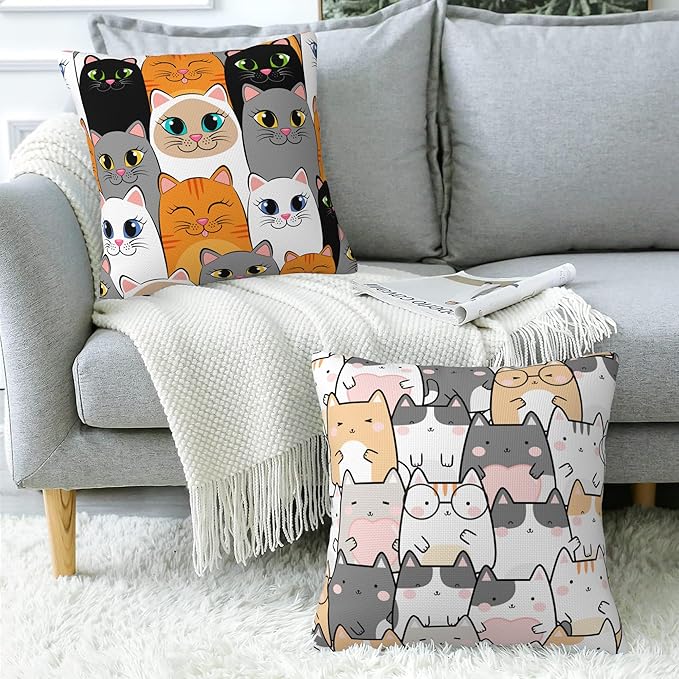 Kawaii Cute Cats Throw Pillow Cover Case Cartoon Cats Throw Pillows Set of 2 Super Soft Pillow Covers 18x18 Inches Farmhouse Home Decor for Living Room Bedroom Sofa Couch Cushion Cover