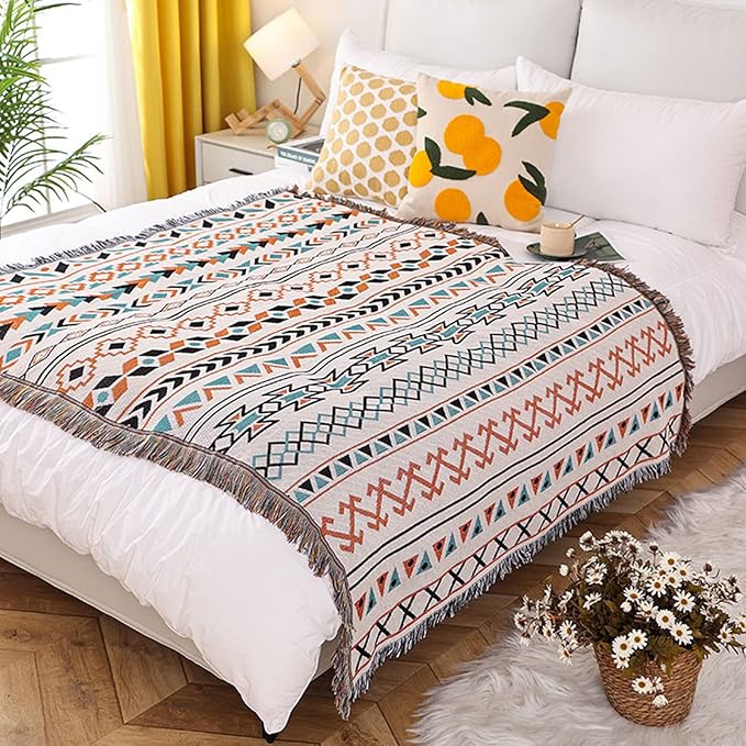 Double-Sided Cotton Woven Throw Blanket with Tassel Jungle Bohemian Style Tapestry Shawl Multi-Function Decorative Throws for Sofa Bed Armchair Camping Blanket Tablecloth Carpet 160x130cm