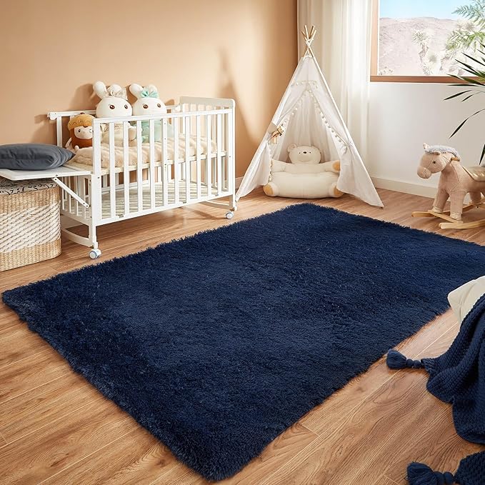 Floralux 5x7 Rugs for Living Room, Dark Blue, Soft Fluffy Area Rug for Bedroom, Upgraded Anti-Skid Plush Carpet for Kid's Room, Teens Dorm, Nursery, Home Decor Aesthetic