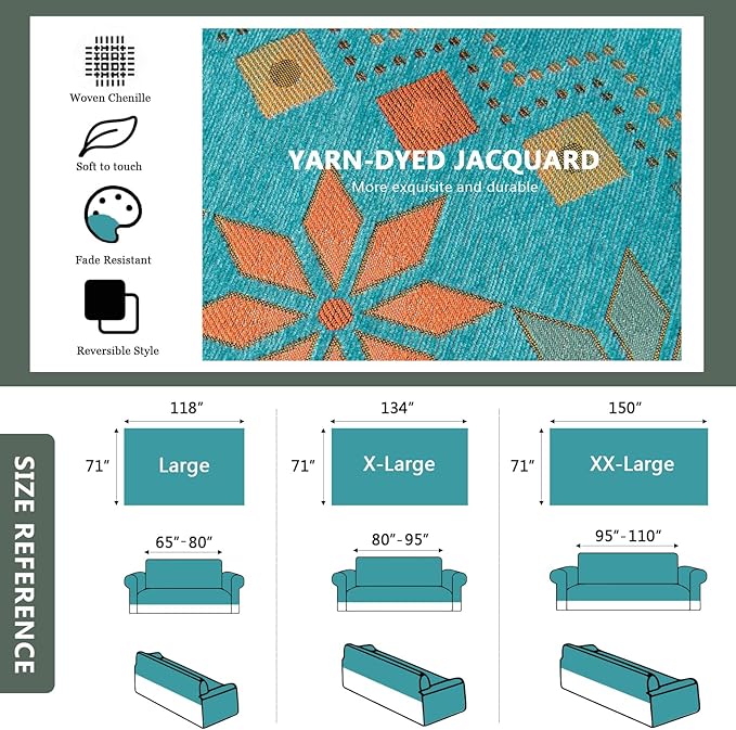 DREAMINGO Teal Boho Couch Cover Jacquard Chenille Sofa Covers Washable 3 Seater Sofa Protector for Pets Kids Modern Bohemain Sectional Couch Slipcovers for Living Room, 71"x150"