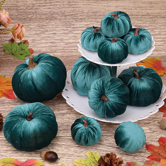 12pcs Artificial Velvet Faux Pumpkins Halloween Handmade Crafts Fabric Foam Fall Harvest Table Centerpiece Party Thanksgiving Decorative Teal