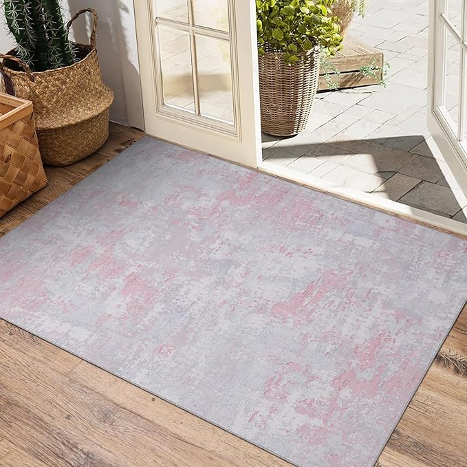 Modern Abstract 2x3 Area Rug Non Slip Non Shedding Low Pile Stain Resistant Rug for Entryway Kitchen Bedroom,Grey Pink