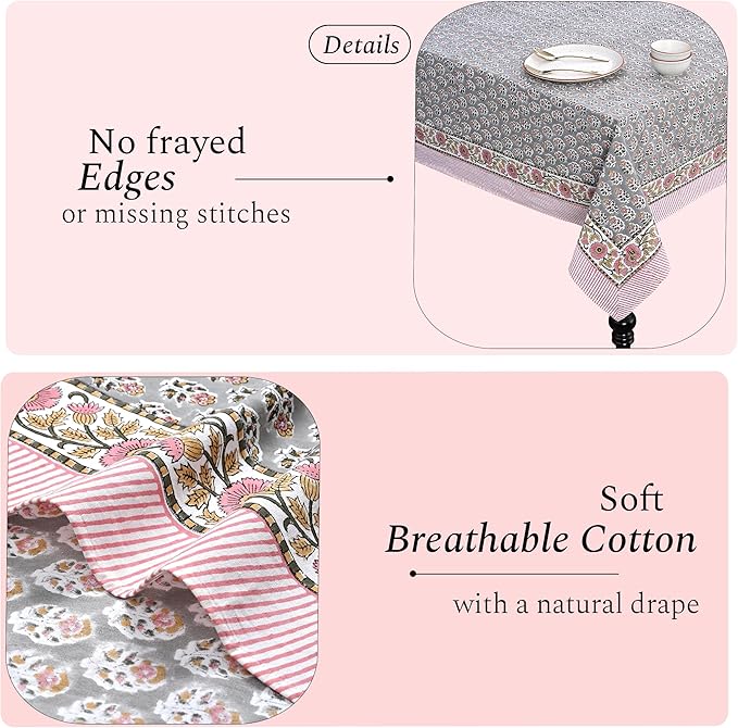 CPC Tablecloth 100% Cotton 72x160 Inch Indian Block Print Rectangle Table Cover, Gray Pink Table Cloth for Weddings, Spring/Summer, Barbeque - Labra Gray