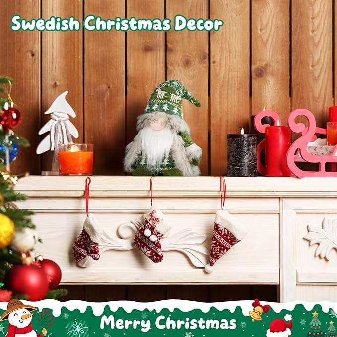 Gnome Christmas Decorations - Plush Nordic Figurine with Green Reindeer Knit Hat & Faux Fur Cloak, Rustic Tabletop Holiday Gnome Decor for Mantel, Shelf, or Gift Idea