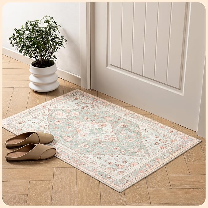 Istana 2x3 Area Rug - Light Green/Pink Boho Rugs for Living Room 2x3 - Foldable Small Rugs for Bedroom - Stain Resistant Washable Rug Non Slip - Eco-Friendly Area Rugs Indoor