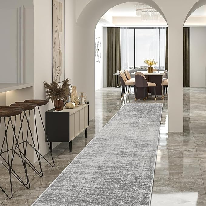 Enkor Runner Rugs for Hallway, 2'7"x13 Washable Soft Non Slip Rugs Abstract for Kitchen, Modern Mat for Entryway Living Room Bedroom Light Grey