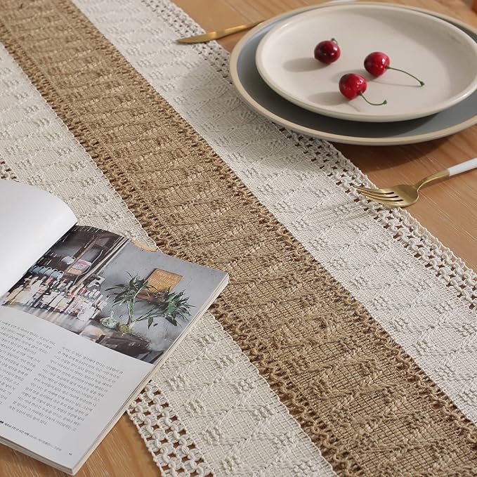 Boho Burlap Macrame Table Runner, Farmhouse Style Cotton Linen Rustic Woven Table Runner with Tassels for Dining, Wedding, Bridal Shower, Bohemian (12x72 inch, Coffee Stripe)