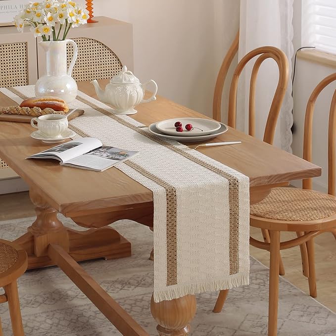 Boho Burlap Macrame Table Runner, Farmhouse Style Cotton Linen Rustic Woven Table Runner with Tassels for Dining, Wedding, Bridal Shower, Bohemian (12x72 inch, Off-White)