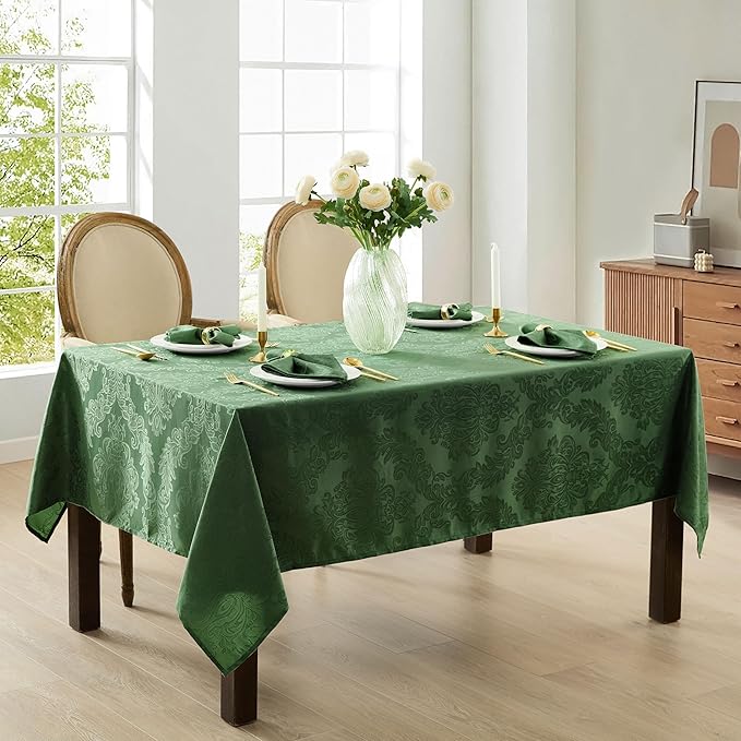 Newbridge Barcelona Damask Fabric Tablecloth, 60 x 120 Inch Rectangle, Hunter Green – No Iron, Soil Resistant Table Cover for Dining, Parties and Holidays