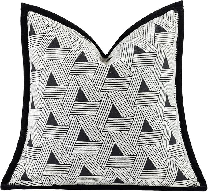 New 18x18'' inches Throw Pillow Cushion Covers - Triangle Black Color Chenille Jacquard Embroidery with Edge Strip Luxury Modern Style Couch Sofa Bed Pillow Cover for Living Room Bedroom