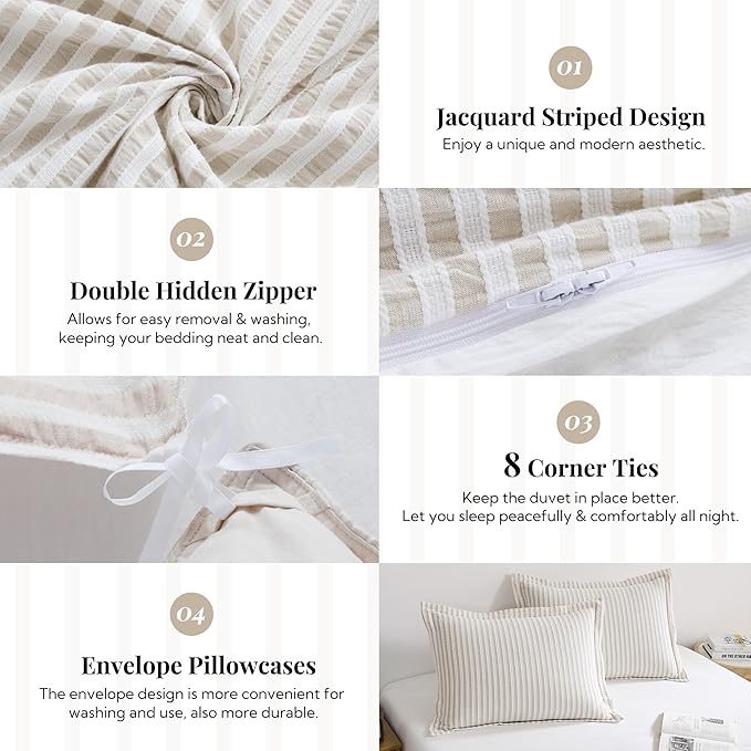 MILDLY Jacquard Stripe Duvet Cover - 100% Washed Cotton Light Khaki Boho Textured Comforter Cover 2pcs with Zipper Closure 68"x90"