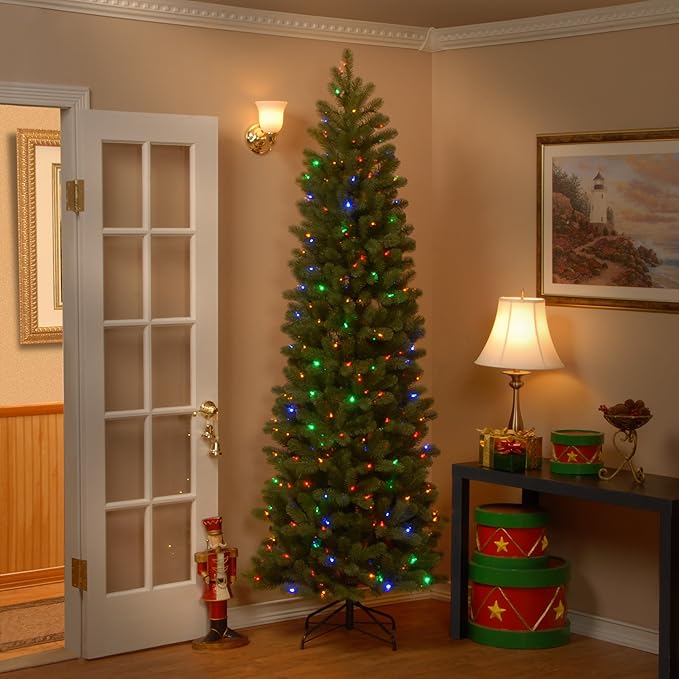 National Tree Company 7.5 ft Pre-Lit Downswept Douglas Fir Slim Artificial Christmas Tree, 350 LED Lights, 796 Tips, Foot Pedal, 10 Light Functions, Includes Stand, Green