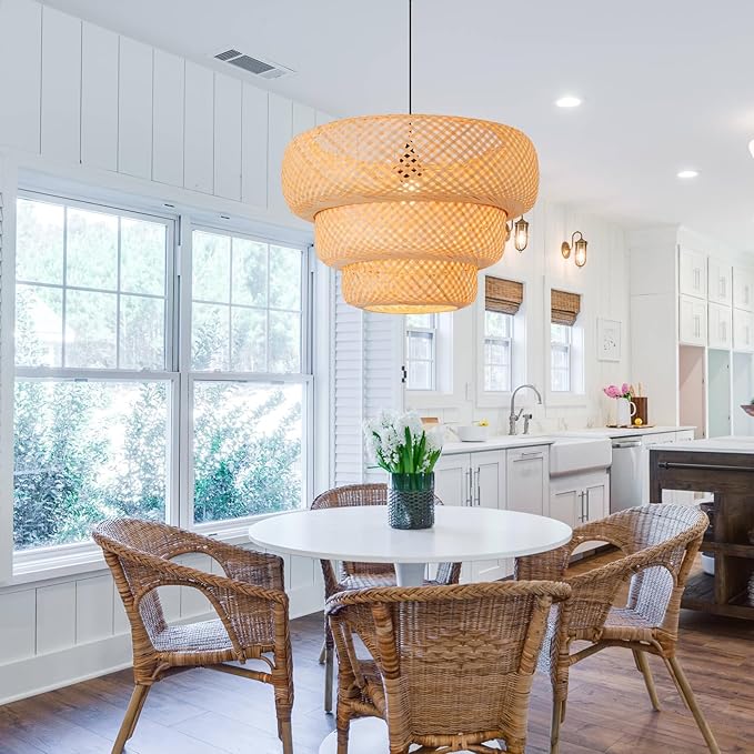 Bamboo Pendant Light,18.5" Boho Rattan Hanging Light 3-Tier Hand Woven Wicker Chandelier for Kitchen Island for Kitchen Island Dining Bedroom Living Room Restaurants