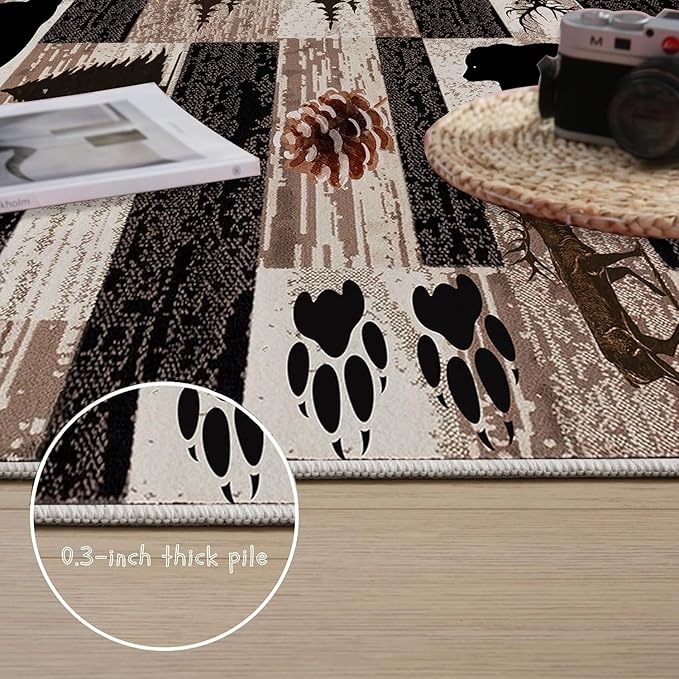 Rustic Lodge Runner Rug,2x10ft,Western Country Bear Elk Deer Wildlife Log Design,Forest Landscape Hunting Theme Rug,with Non Slip Backing Washable Rugs, Non Slip Pet Friendly Rug for Hallway