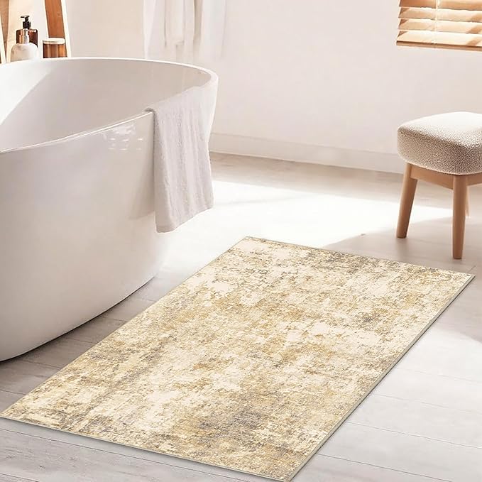 2x3 Modern Abstract Rug Washable Area Rugs for Living Room Bedroom Dining Room Non-Slip Low Pile Neutral Large Rug Soft Indoor Floor Carpet, Gold