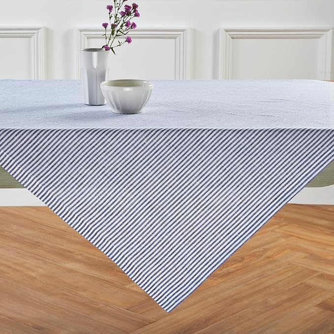 Solino Home Linen Square Tablecloth 52 x 52 Inch - Narrow Stripe, 100% Pure Linen Navy and White Table Throw - Machine Washable Tablecloth for Fall, Autumn, Thanksgiving, Christmas, Winter