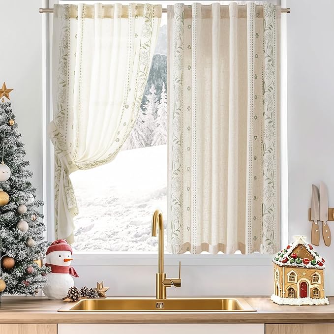 jinchan Winslow Linen Curtains 54 Inch Length Christmas Decorations Farmhouse Small Window Curtains Embroidered Bordered Floral Drapes Light Filtering for Bathroom Kitchen Sage on Beige 2 Panels