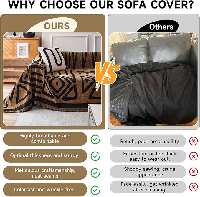 VClife Boho Couch Cover Thick Soft Chenille Sofa Covers for Sectional Couch, Bohemian Pumpkin Couch Covers for 3 Cushion Couch Sofa Washable Multi-Functional Furniture Protector, 71''x150''
